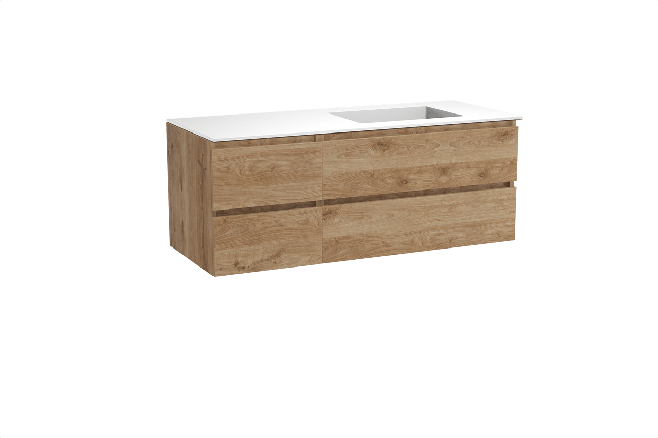 Balmani Lucida meuble salle de bains suspendu 135 x 55 cm chêne brut avec Tablo Stretto plan vasque asymétrique à droite en solid surface blanc mat
