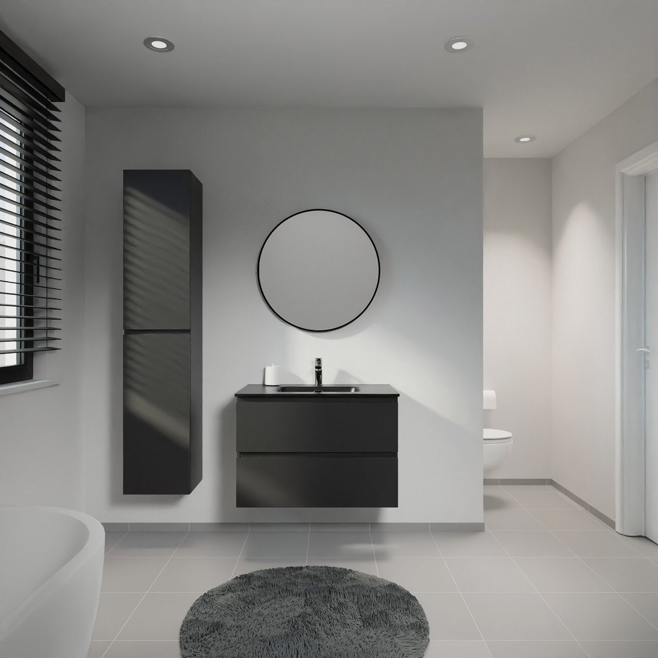 Linie Lado meuble salle de bains suspendu 80 x 46 cm noir mat avec Baro plan simple en porcelaine noir mat