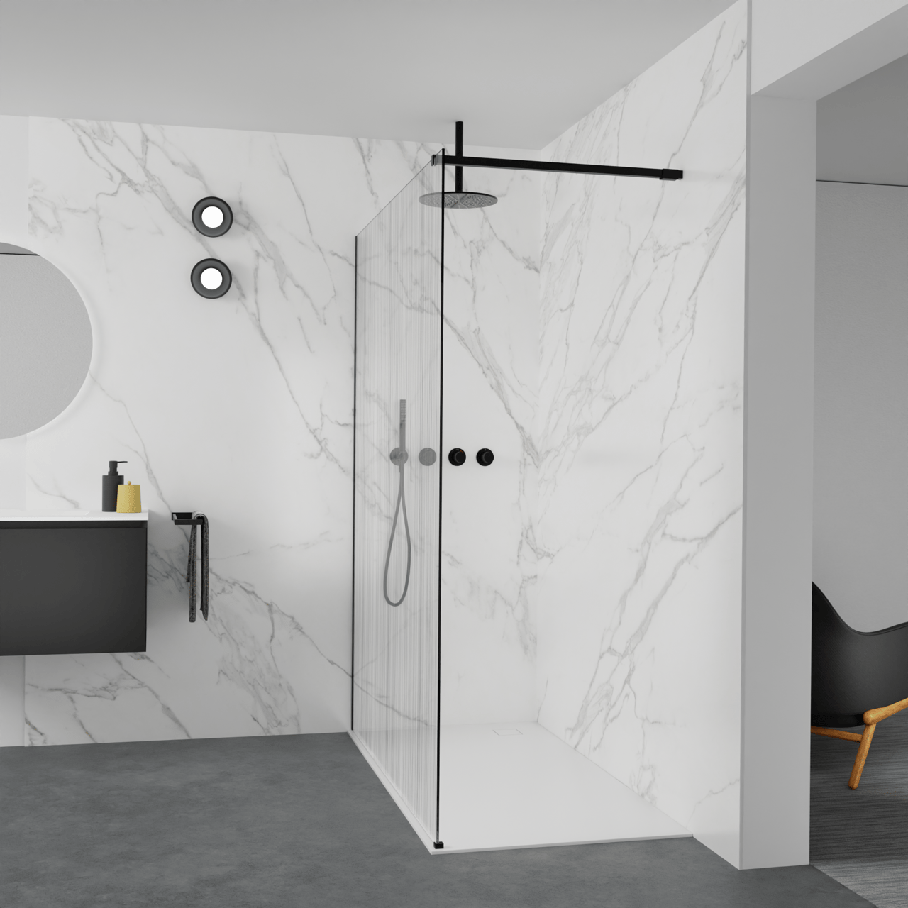 Balmani Modular inloopdouche: 160 x 200 cm, Mikado met coating, Mat zwarte profielen