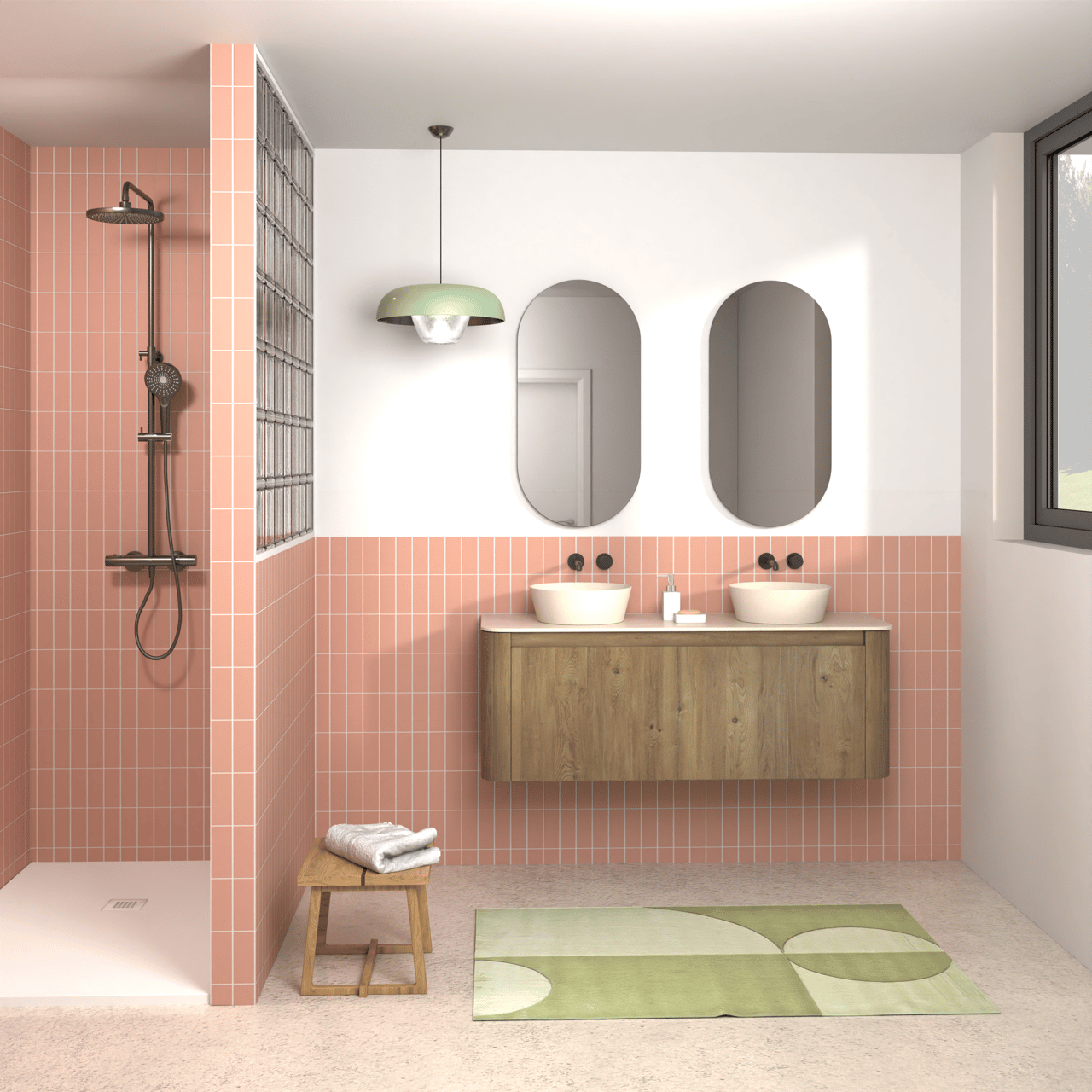 Storke Soft zwevend badmeubel 140 x 46 cm ruw eiken met Tavola Soft enkel of dubbel wastafelblad in solid surface beige granita