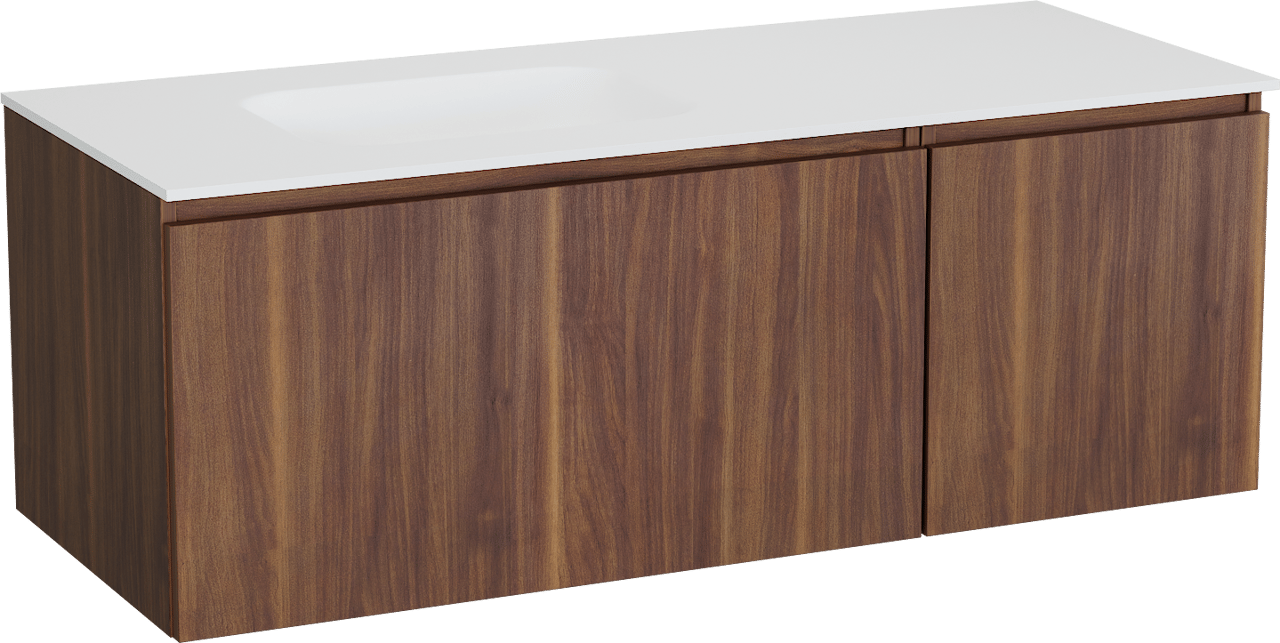 Balmani Sfera hängendes Möbelstück Set: 135 x 55 cm, Amerikanischer Nussbaum, mit Tablo Arcato Waschtisch links, Solid Surface Weiß matt