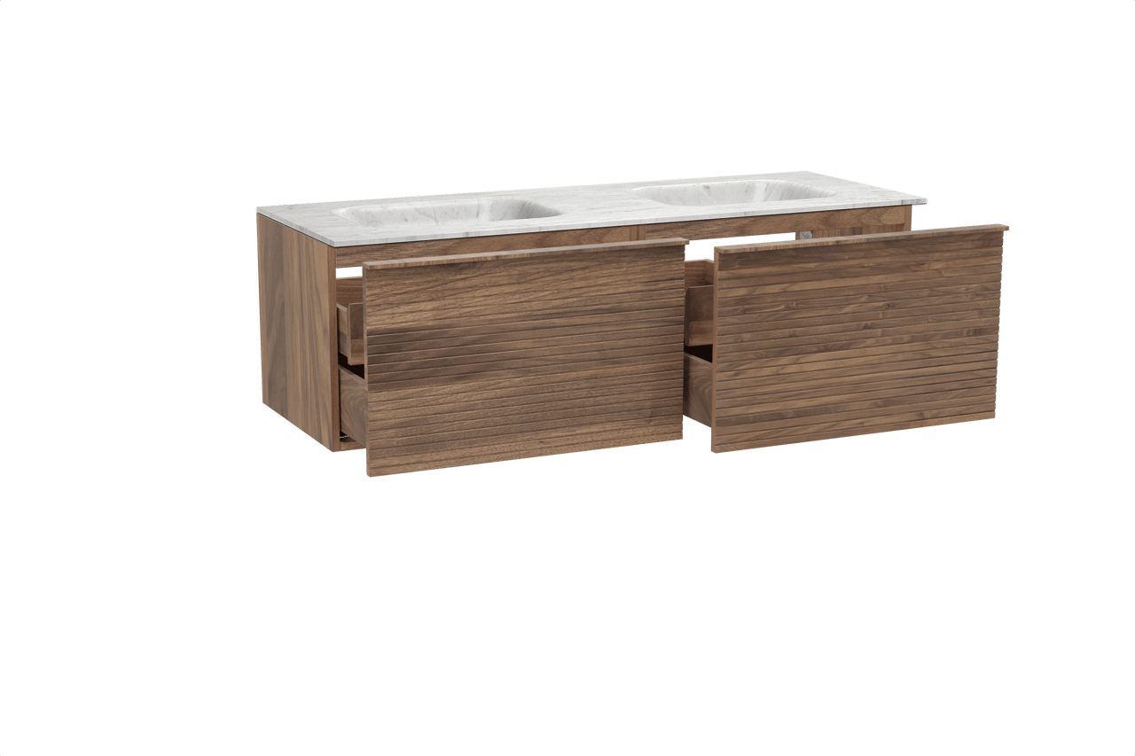 Balmani Forma zwevend badkamermeubel 150 x 55 cm amerikaanse notelaar met Tablo Arcato dubbele wastafel in marmer carrara, Horizontale symmetrische rechte ribbel