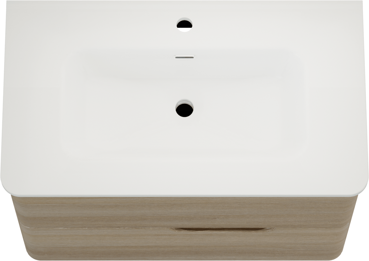 Linie Curvo zwevend badmeubel 80 x 46 cm licht eiken met Baro Curvo enkele wastafel in porselein hoogglans wit