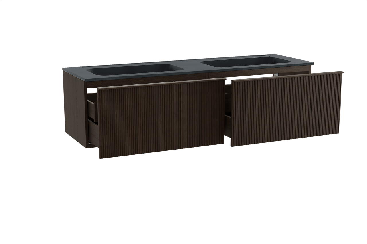 Balmani Forma meuble salle de bains suspendu 180 x 55 cm chêne fumé avec Tablo Strada double vasque en marbre composite noir mat, Nervure droite symétrique verticale