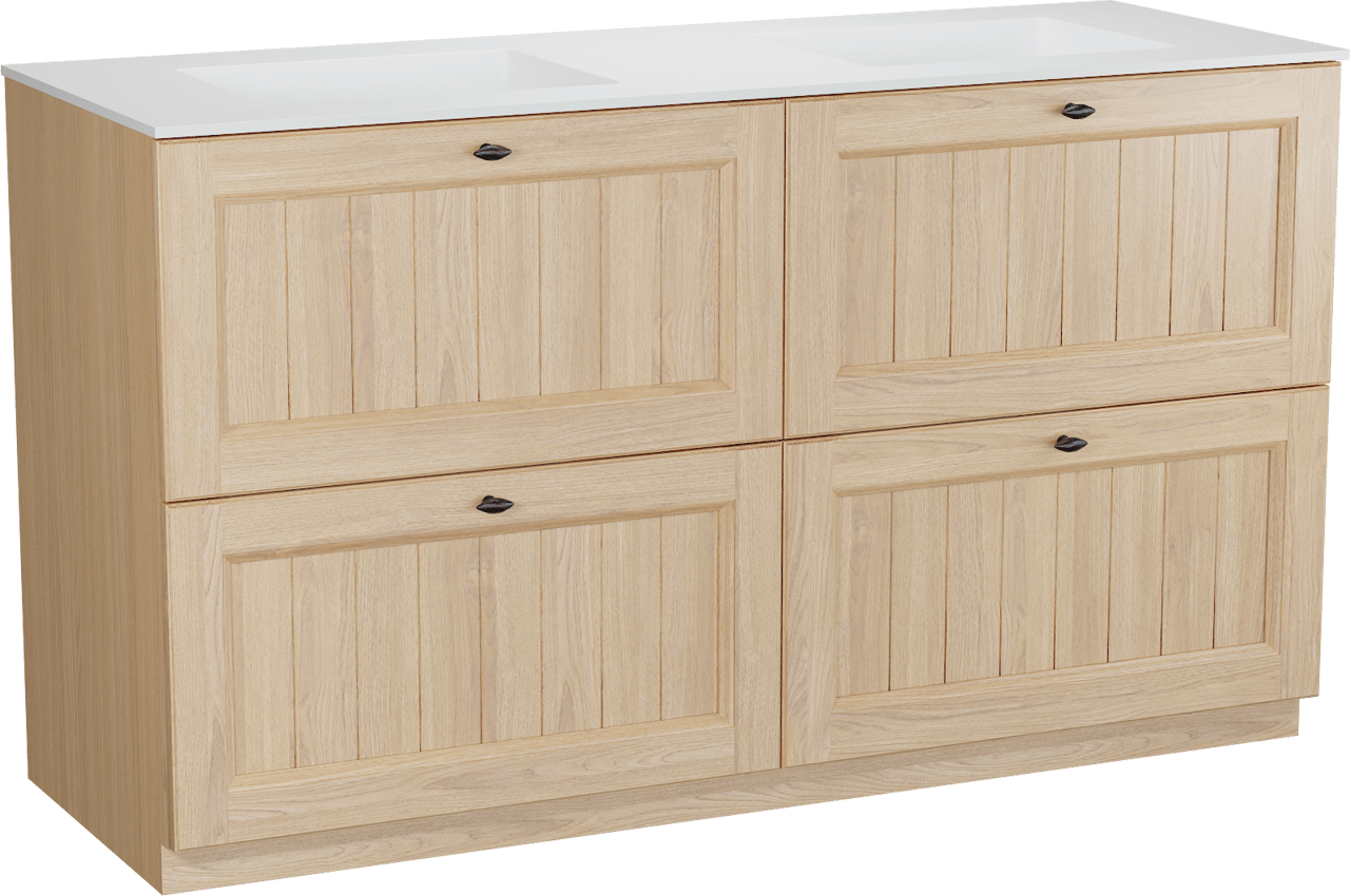 Balmani Lemon staand badkamermeubel 150 x 55 cm, fineer natuur eik met Tablo Stretto dubbele wastafel in mat wit