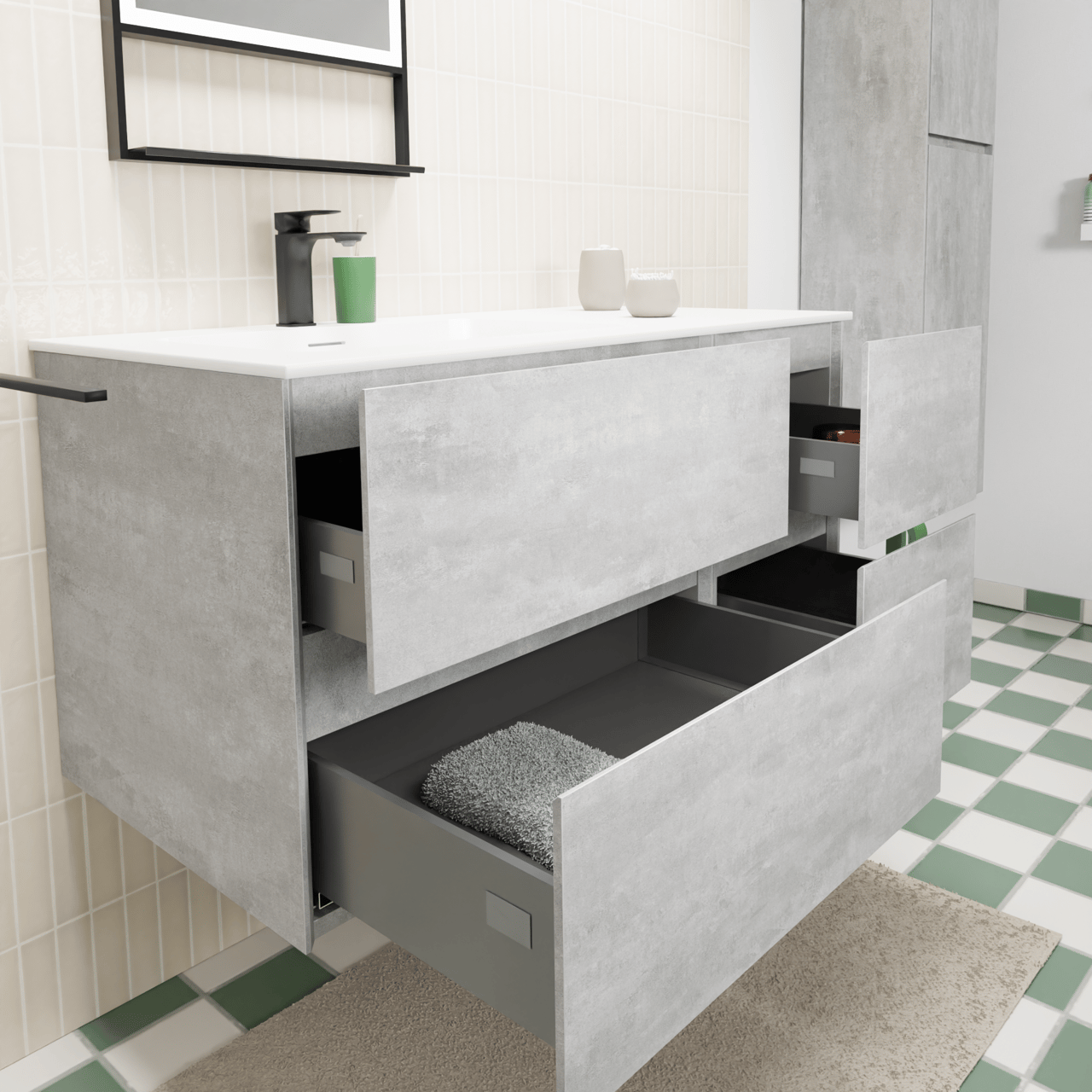 Storke Edge meuble salle de bains suspendu 100 x 52 cm béton gris foncé avec Mata plan vasque asymétrique à gauche en solid surface blanc mat