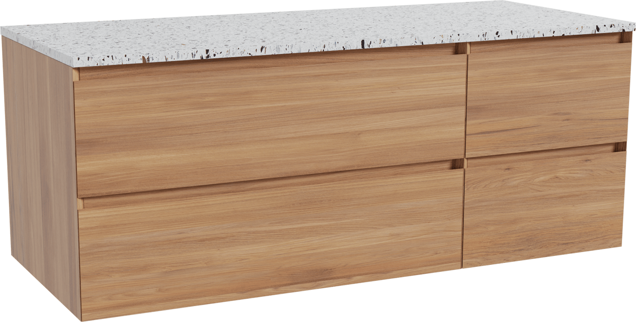 Balmani Mitra hängendes Möbelstück Set: 135 x 55 cm, Teak, mit Stretto Einzel- oder Doppel Waschtischplatte, Terrazzo in Weiß/Schwarz matt