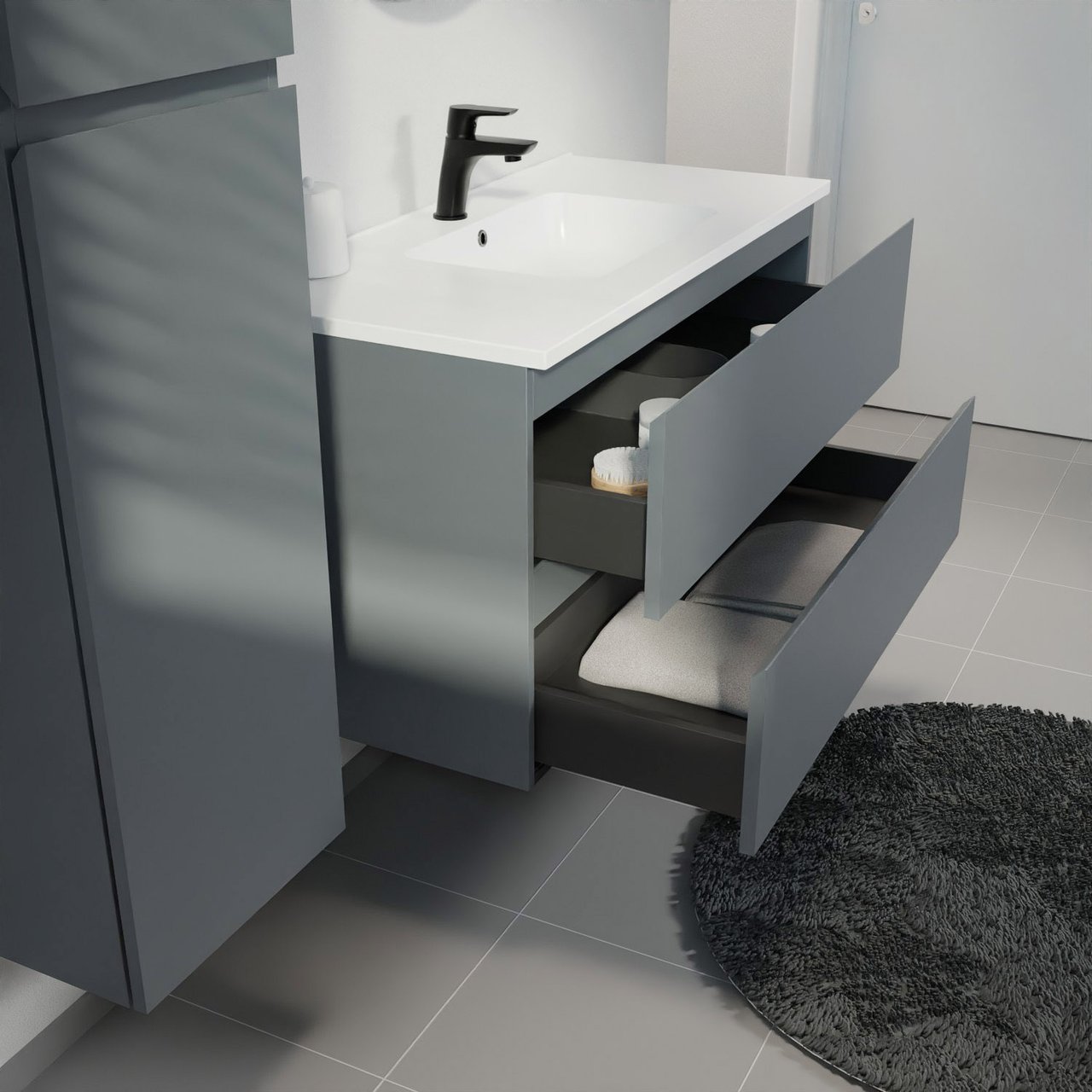 Linie Lado hängendes Möbelstück Set: 100 x 46 cm, Anthrazitblau, mit Vano Einzelwaschtisch, Marmorkomposit Weiß matt