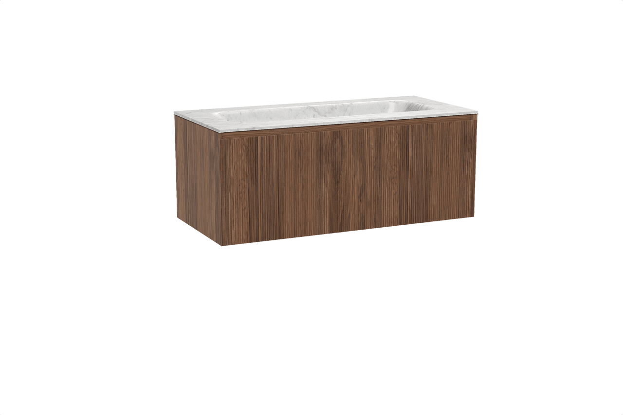 Balmani Fila zwevend badkamermeubel 120 x 55 cm notelaar met Tablo Arcato enkele wastafel in marmer carrara, Verticale symmetrische rechte ribbel