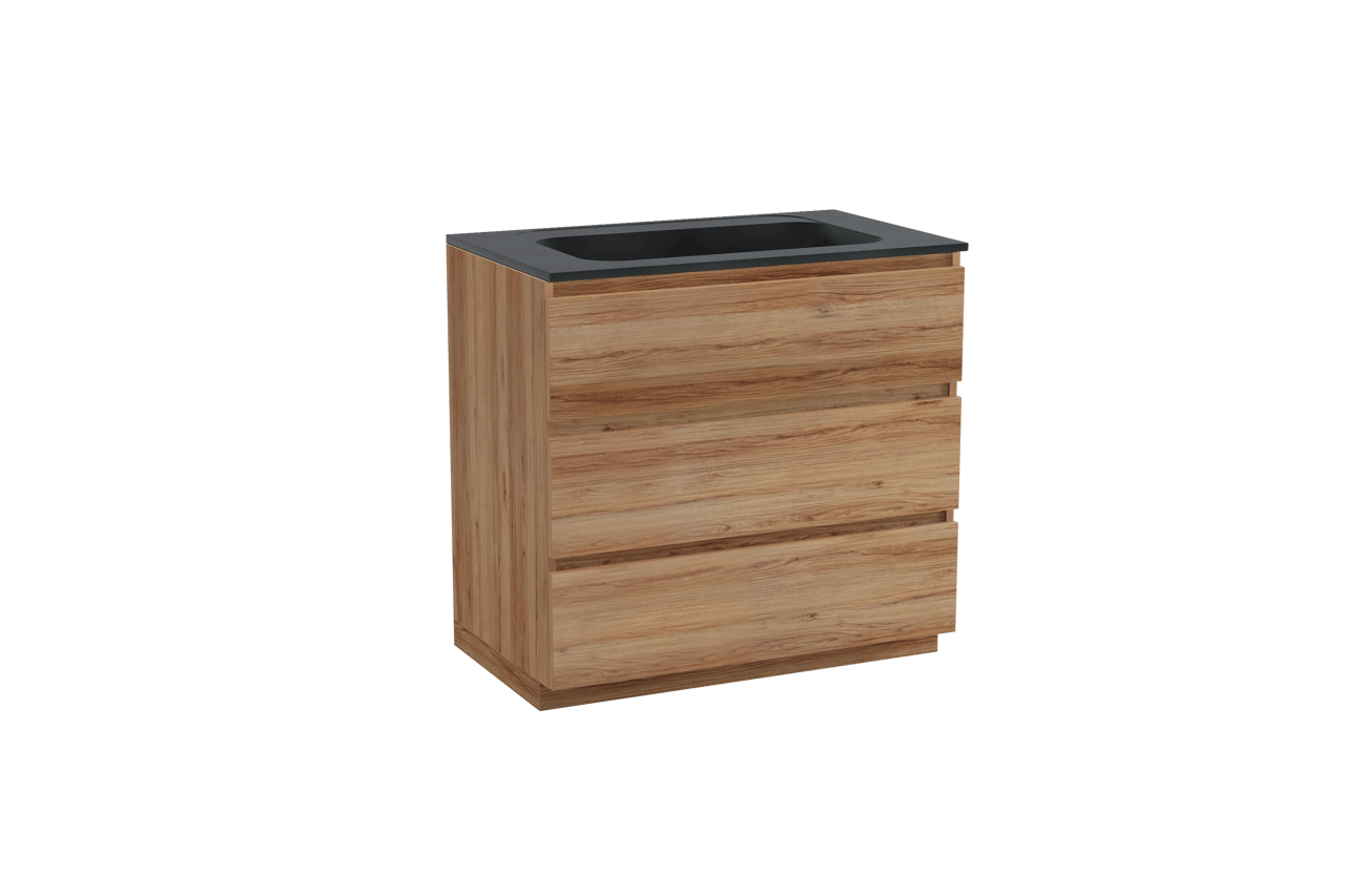 Balmani Lucida freistehendes Möbelstück Set: 90 x 55 cm, Teak, mit Tablo Strada Einzelwaschtisch, Marmorkomposit Schwarz matt