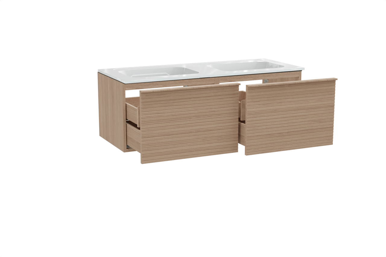 Balmani Forma hängendes Möbelstück Set: 135 x 55 cm, Naturbelassene Eiche, mit Tablo Strada Doppelwaschtisch, Marmorkomposit, Weiß glänzend, Horizontale symmetrische gerade Rippe