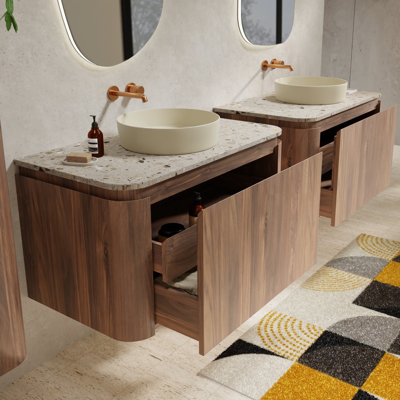 Balmani Moon zwevend badmeubel 100 x 55 cm amerikaans notenhout met Moon enkel wastafelblad in terrazzo greige terrazzo