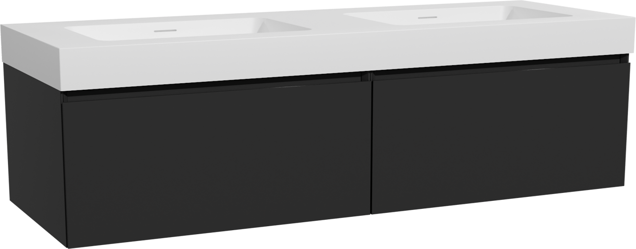 Storke Edge zwevend badmeubel 150 x 52 cm mat zwart met Mata High dubbele wastafel in solid surface mat wit