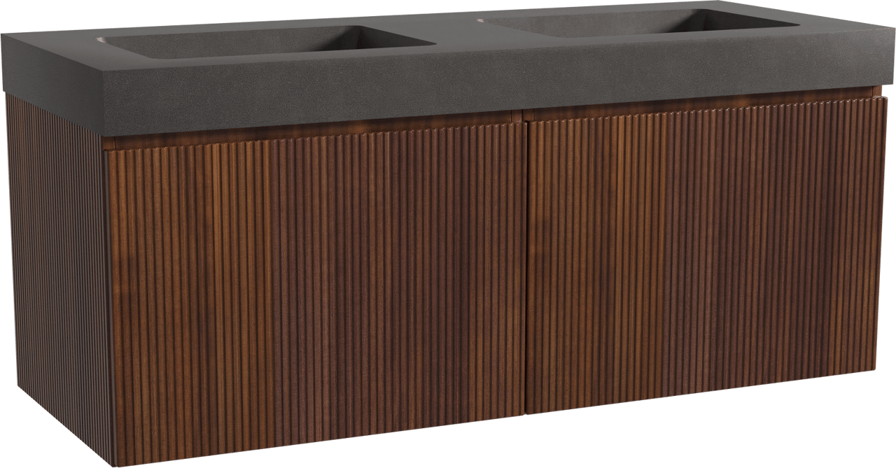 Storke Ribs meuble salle de bains suspendu 130 x 52 cm noyer avec Scuro High double vasque en quartz noir mat, Nervure droite symétrique verticale