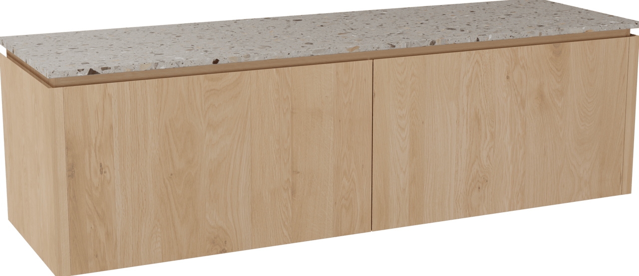 Balmani Eclips zwevend badkamermeubel 180 x 55 cm Natuur eik met Stretto enkel of dubbel tablet in Greige terrazzo