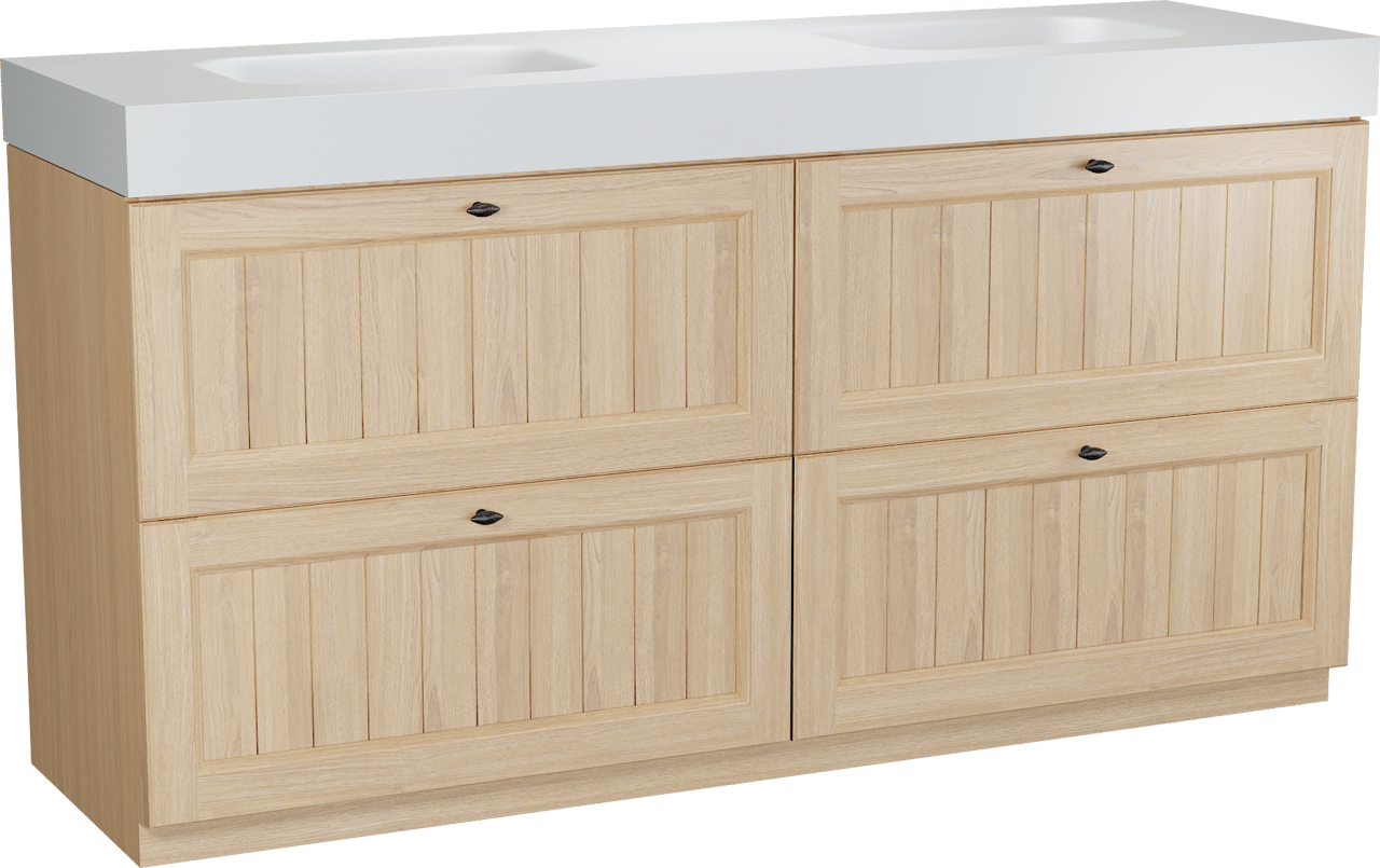 Balmani Lemon staand badkamermeubel 180 x 55 cm, fineer natuur eik met Arcato dubbele wastafel in mat wit