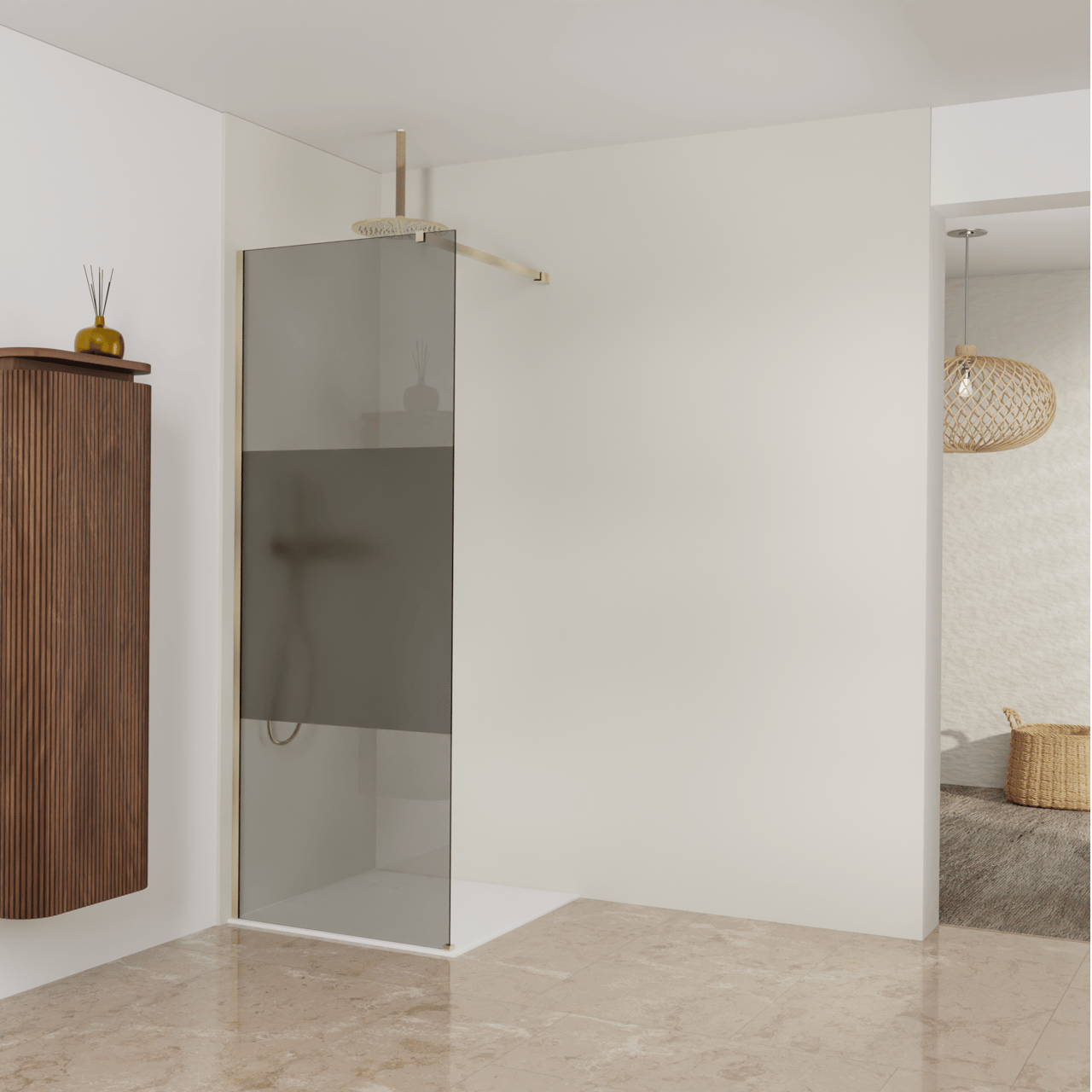 Balmani Modular douche à l'italienne: 80 x 200 cm, Verre fumé avec bande mate, avec coating, Profil Brushed Champagne Gold