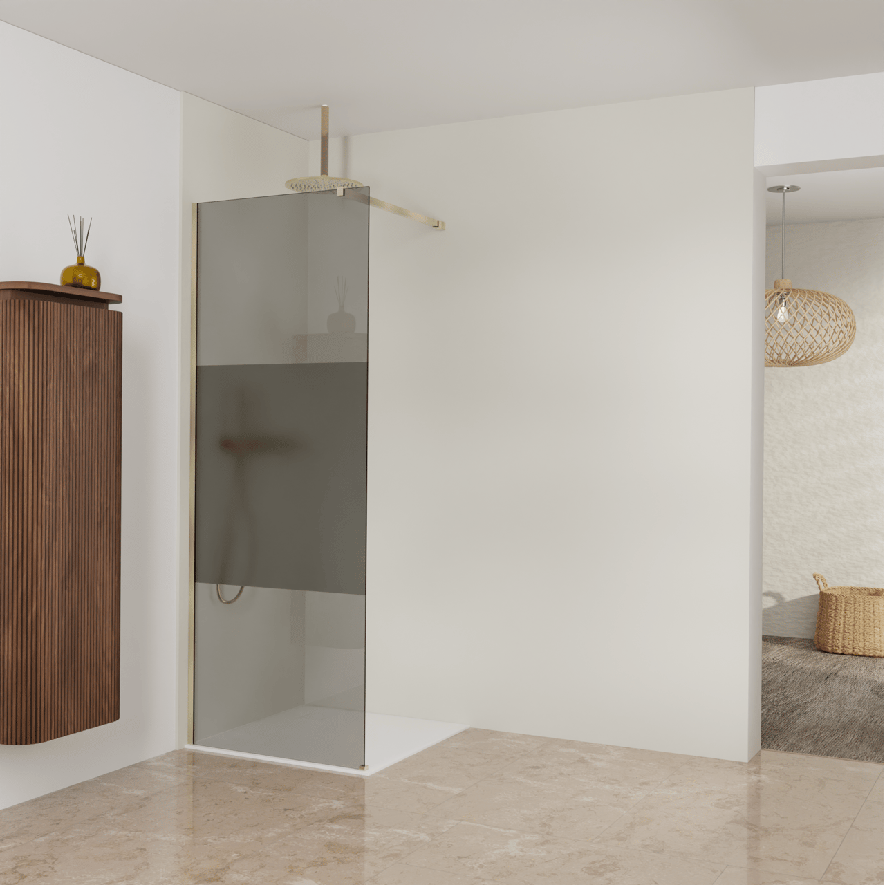 Balmani Modular inloopdouche: 80 x 200 cm, Rookglas met matte strook met coating, Brushed Champagne Gold profielen