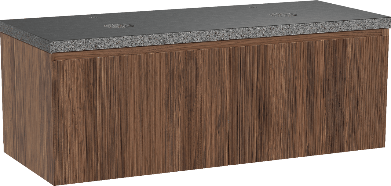 Balmani Fila zwevend badmeubel 135 x 55 cm notenhout met Rock dubbel wastafelblad in zwart graniet, Verticale symmetrische rechte ribbel