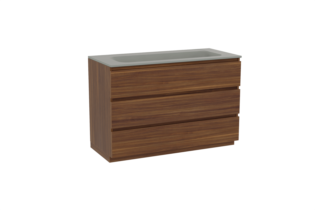 Balmani Lucida freistehendes Möbelstück Set: 120 x 55 cm, Amerikanischer Nussbaum, mit Tablo Strada Einzelwaschtisch für 2 Armaturenlöcher, Marmorkomposit Seidengrau