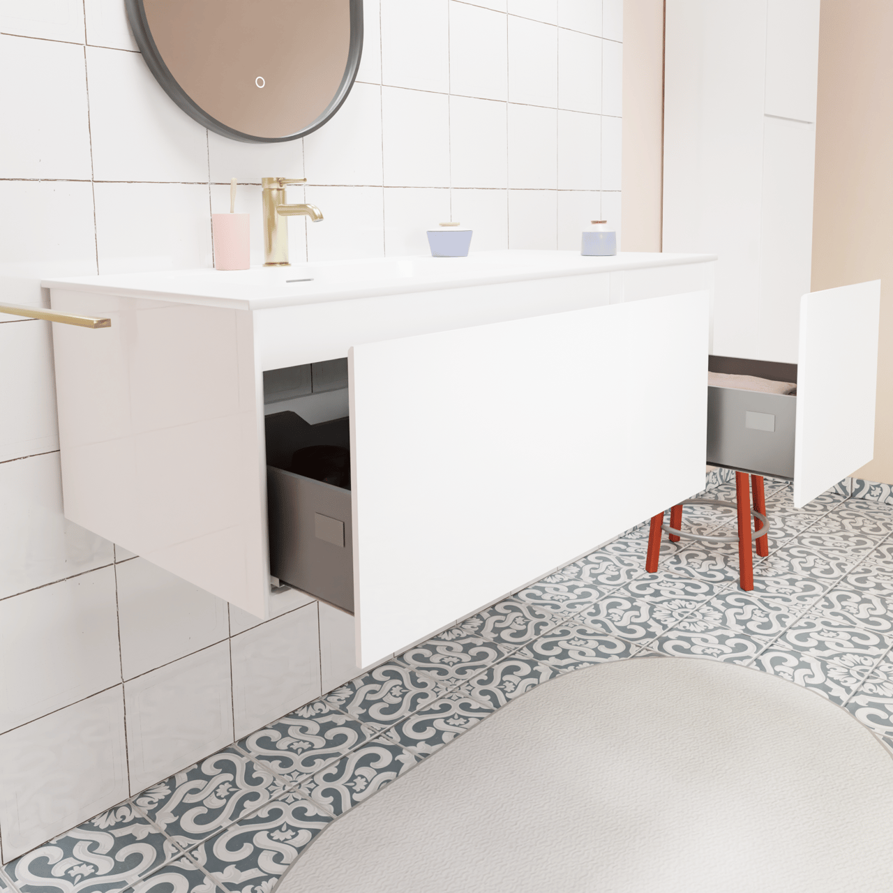 Storke Edge hängendes Möbelstück Set: 110 x 52 cm, Weiß glänzend, mit Mata Waschtisch links, Solid Surface Weiß matt