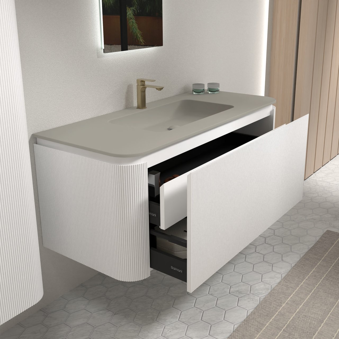 Balmani Moon meuble salle de bains suspendu 130 x 55 cm blanc mat avec Moon plan simple en top solid soie grise, Nervure droite symétrique verticale