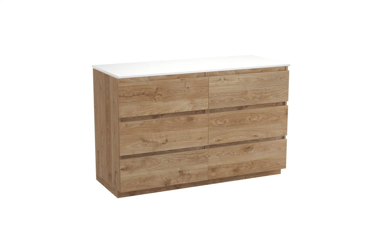 Balmani Lucida freistehendes Möbelstück Set: 135 x 55 cm, Rohe Eiche, mit Stretto Einzel- oder Doppel Waschtischplatte, Solid Surface Weiß matt