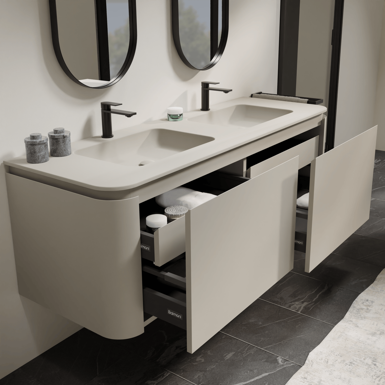 Balmani Moon zwevend badkamermeubel 160 x 55 cm zijdegrijs met Moon dubbele wastafel in top solid zijdegrijs