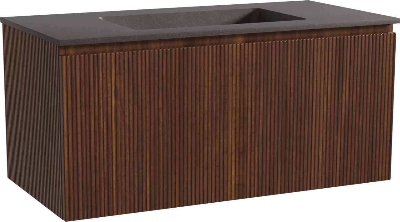 Storke Ribs zwevend badmeubel 105 x 52 cm notenhout met Scuro enkele wastafel in kwarts mat zwart, Verticale symmetrische rechte ribbel