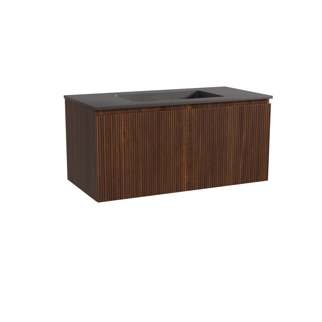 Storke Ribs meuble salle de bains suspendu 105 x 52 cm noyer avec Scuro plan simple en quartz noir mat, Nervure droite symétrique verticale