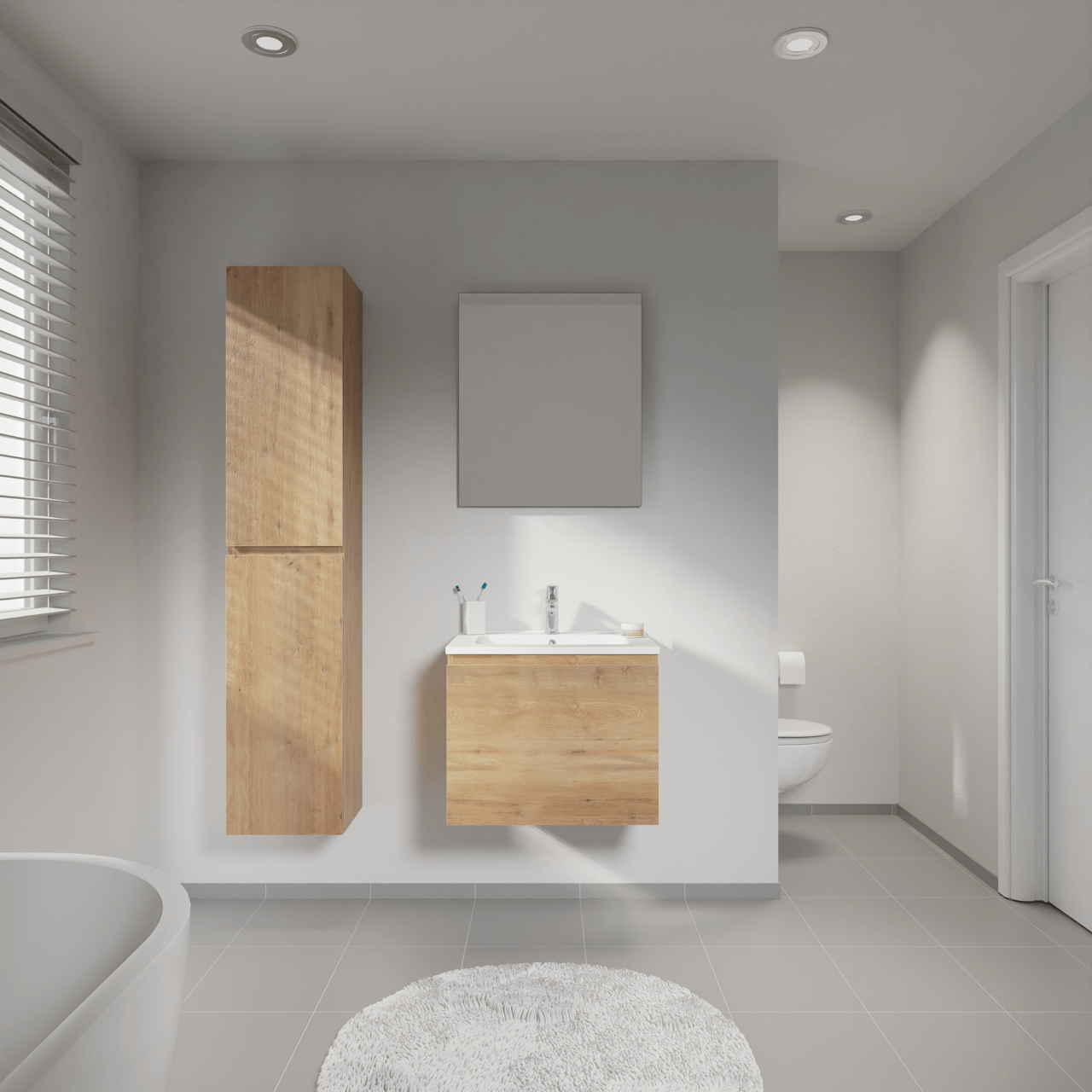 Linie Lado meuble salle de bains suspendu 60 x 46 cm chêne naturel avec Vano plan simple en marbre composite blanc mat