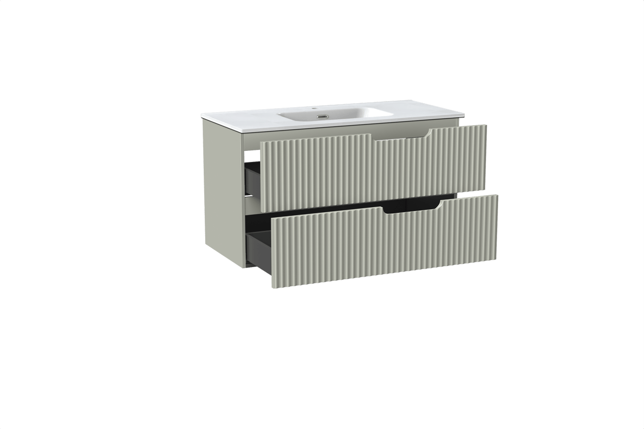 Linie Ribbo hängendes Möbelstück Set: 100 x 46 cm, Greige, mit Baro Einzelwaschtisch, Porzellan, Weiß glänzend, Vertikale symmetrische runde Rippe