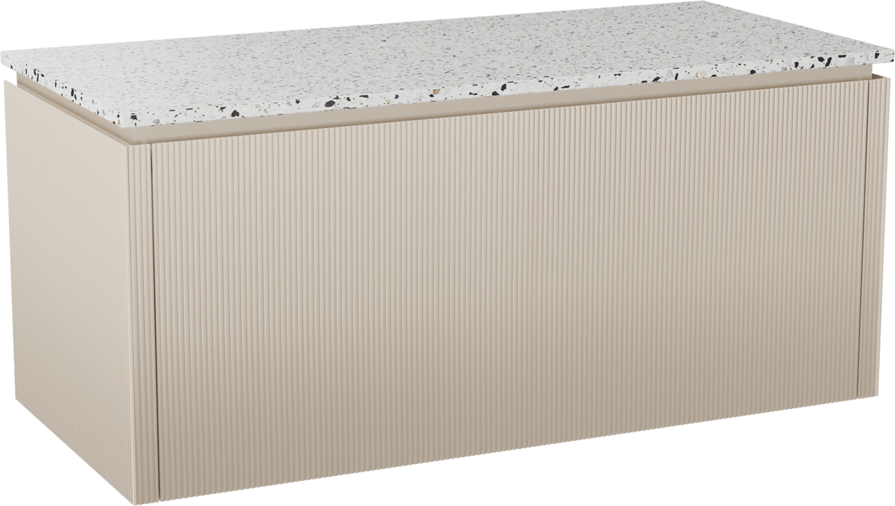 Balmani Eclips hängendes Möbelstück Set: 120 x 55 cm, Sandbeige, mit Stretto Einzel- oder Doppel Waschtischplatte Bianco Nero Terrazzo, Vertikale symmetrische gerade Rippe