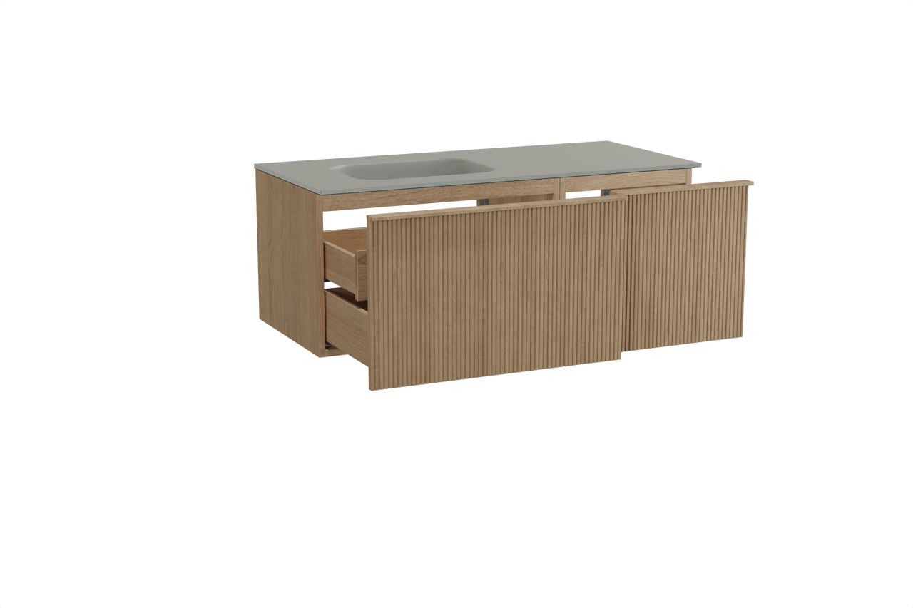 Balmani Forma hängendes Möbelstück Set: 120 x 55 cm, Naturbelassene Eiche, mit Tablo Arcato Waschtisch links, Solid Surface, Steingrau, Vertikale symmetrische gerade Rippe