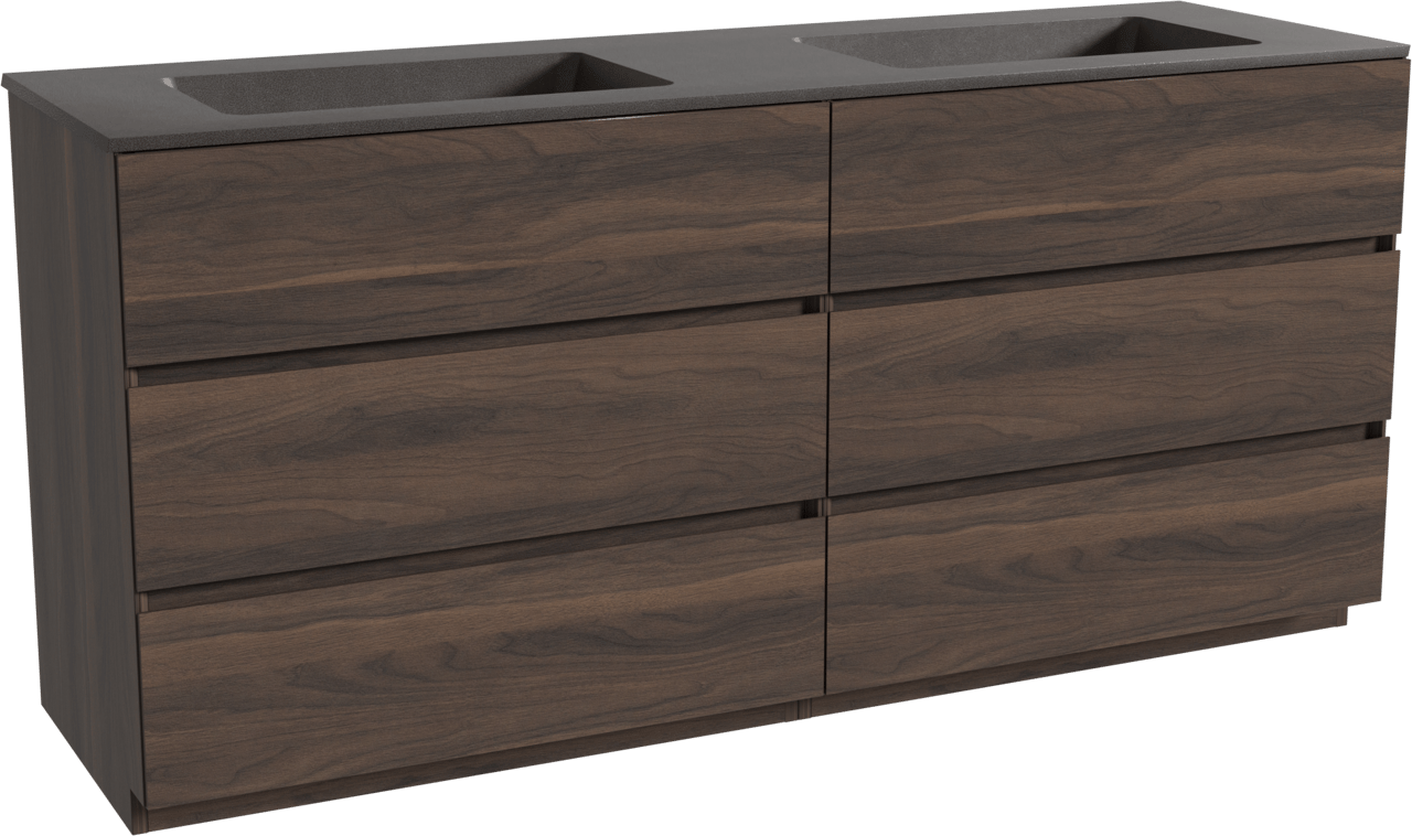 Storke Edge staand badmeubel 170 x 52 cm notenhout met Scuro dubbele wastafel in kwarts mat zwart