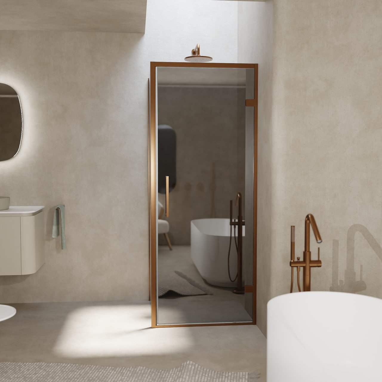 Balmani Senses Design Eckdusche: Drehtür (Rechts) mit fixierte Seitenwand, 90 x 80 cm, Reflex-Spiegelglas, Profil Brushed Rosegold