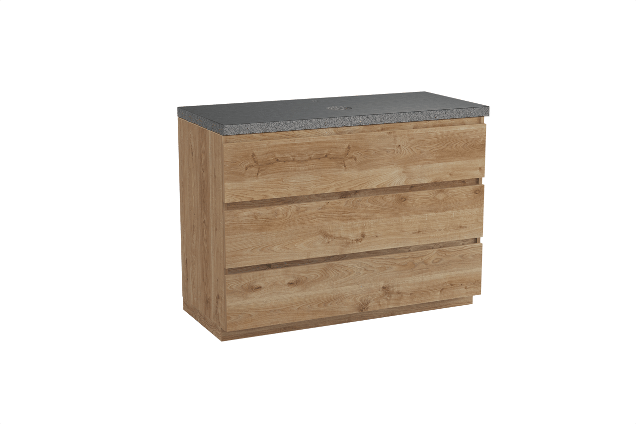 Balmani Lucida freistehendes Möbelstück Set: 120 x 55 cm, Rohe Eiche, mit Rock Einzel Waschtischplatte, Schwarzes Granit