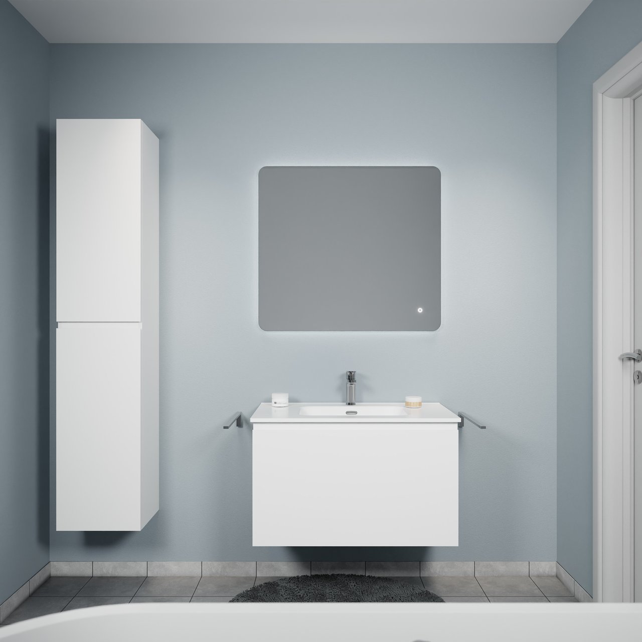 Linie Lado hängendes Möbelstück Set: 80 x 46 cm, Weiß glänzend, mit Baro Einzelwaschtisch, Porzellan Weiß glänzend