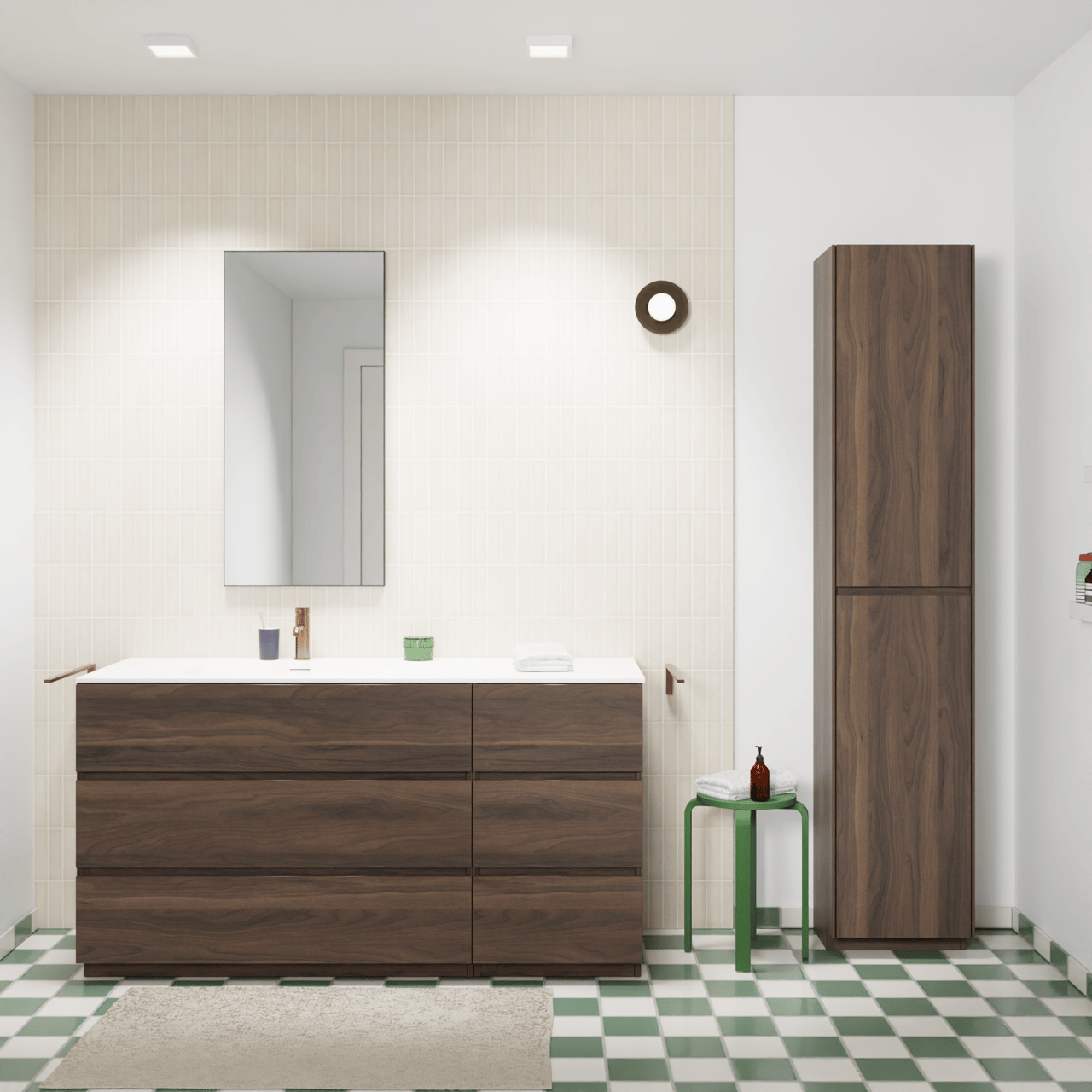 Storke Edge staand badmeubel 150 x 52 cm notenhout met Mata asymmetrisch linkse wastafel in solid surface mat wit