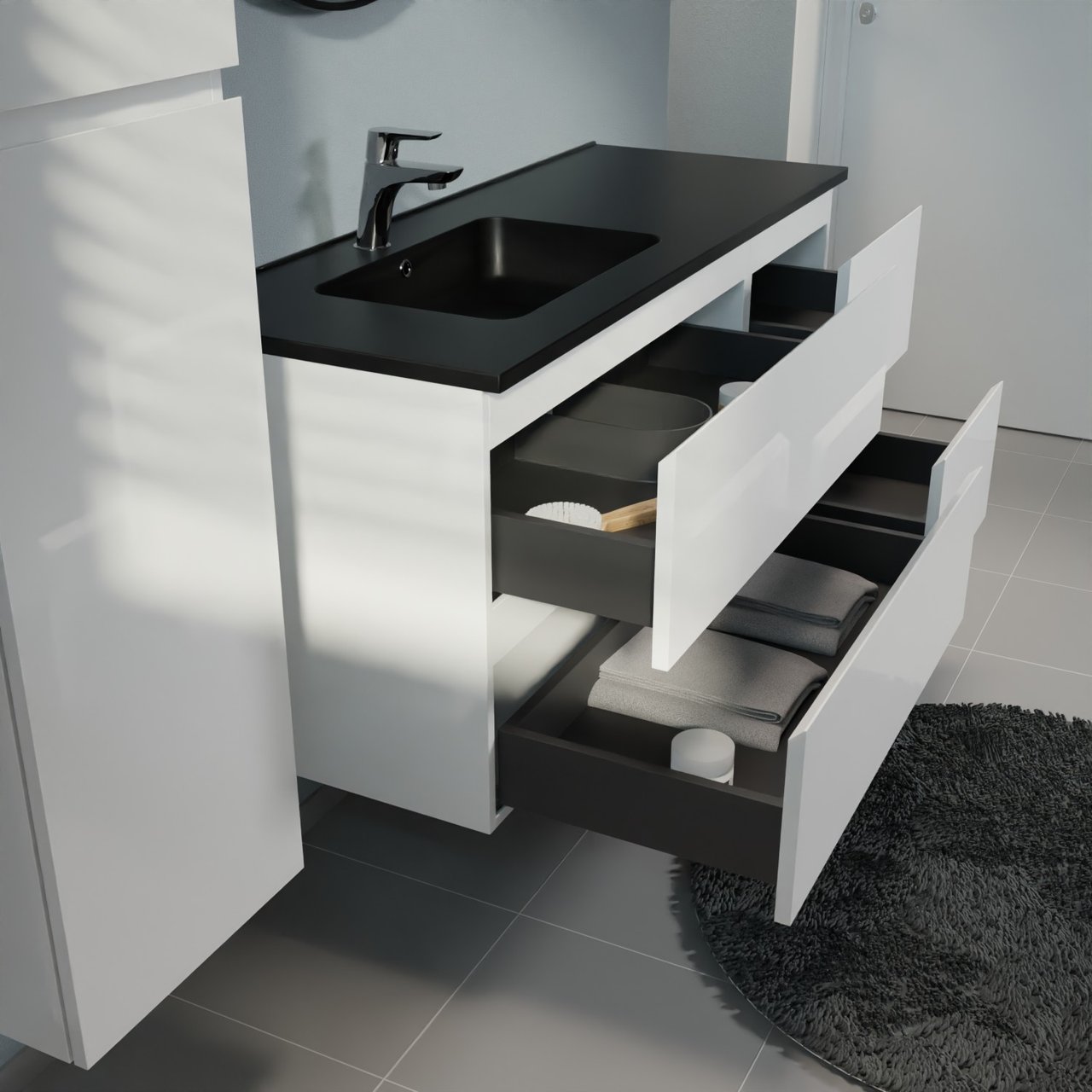 Linie Lado hängendes Möbelstück Set: 120 x 46 cm, Weiß glänzend, mit Vano Waschtisch links, Marmorkomposit Schwarz matt