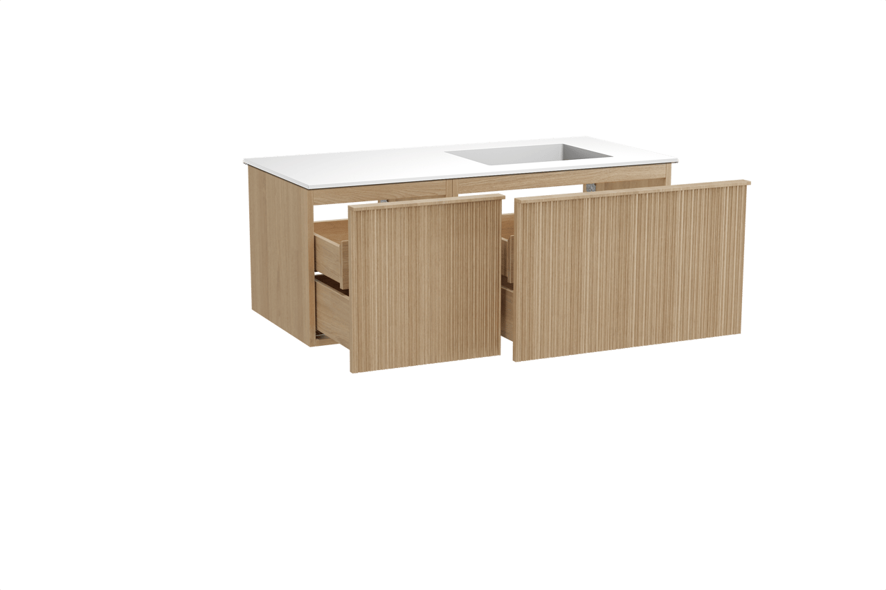 Balmani Forma zwevend badmeubel 120 x 55 cm naturel eiken met Tablo Stretto asymmetrisch rechtse wastafel in solid surface mat wit, Verticale asymmetrische ronde ribbel