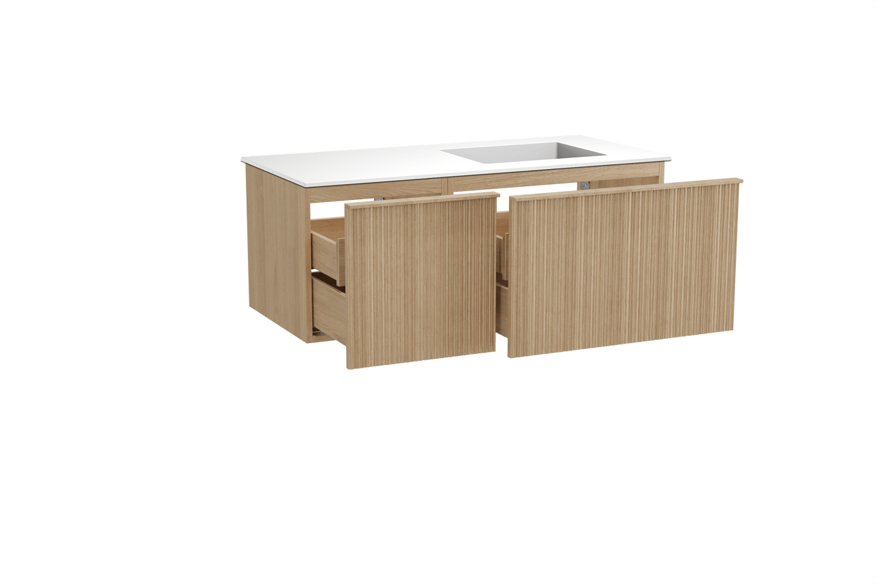 Balmani Forma zwevend badmeubel 120 x 55 cm naturel eiken met Tablo Stretto asymmetrisch rechtse wastafel in solid surface mat wit, Verticale asymmetrische ronde ribbel