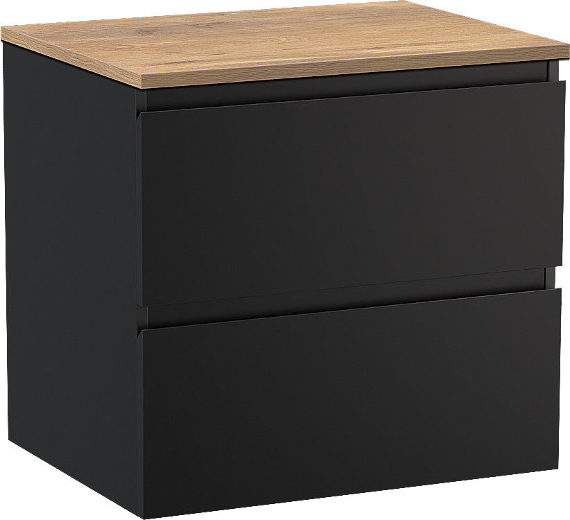 Linie Lado hängendes Möbelstück Set: 60 x 46 cm, Schwarz matt, mit Lado Einzel Waschtischplatte, Melamin Naturbelassene Eiche