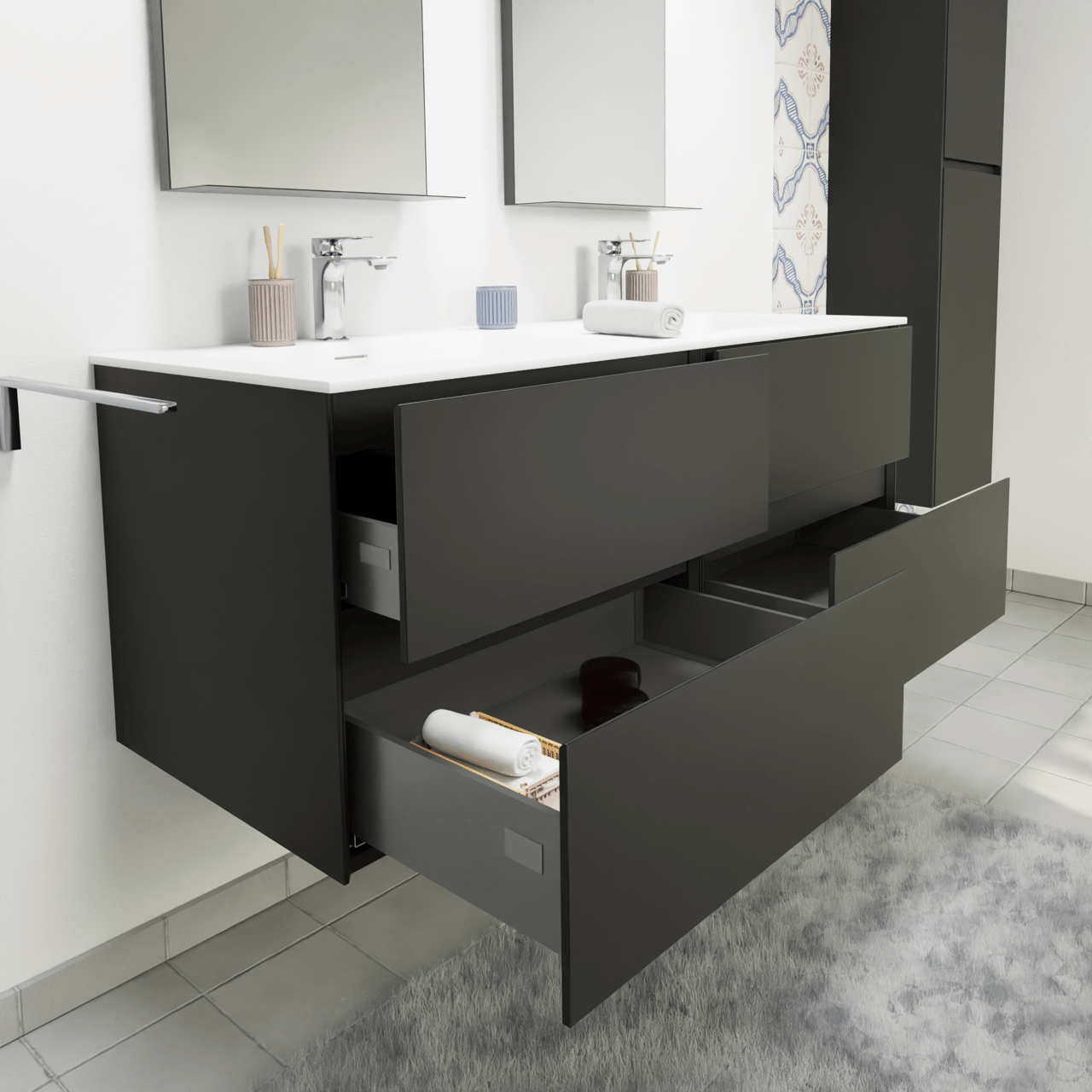 Storke Edge meuble salle de bains suspendu 130 x 52 cm noir mat avec Mata double vasque en solid surface blanc mat