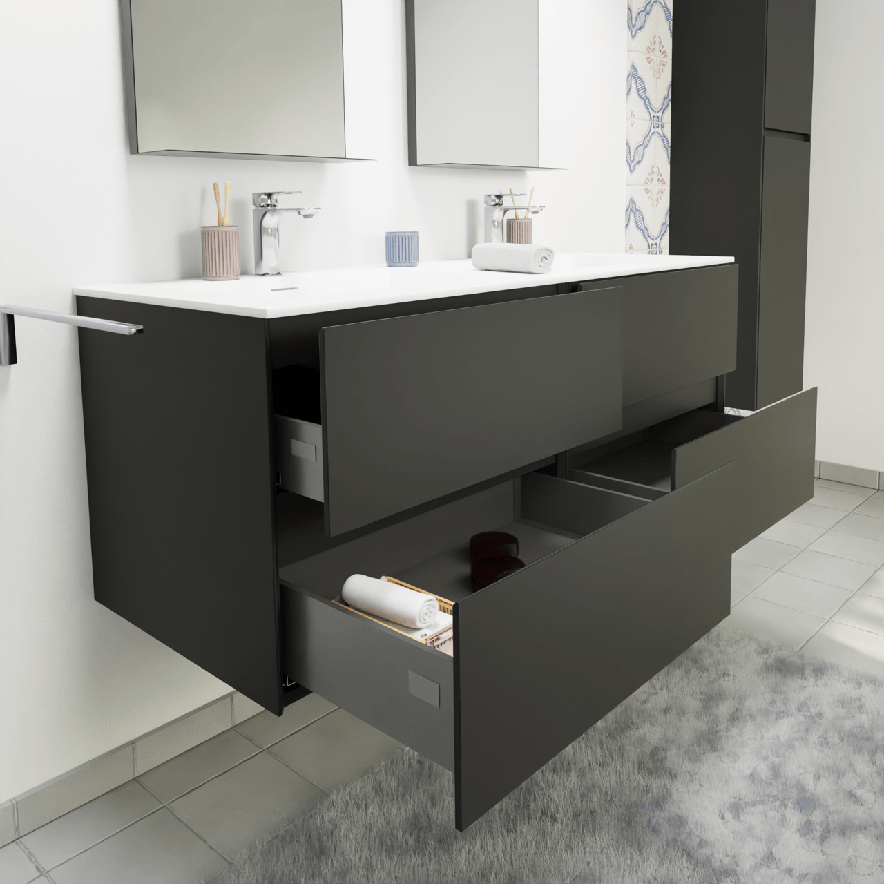 Storke Edge meuble salle de bains suspendu 130 x 52 cm noir mat avec Mata double vasque en solid surface blanc mat