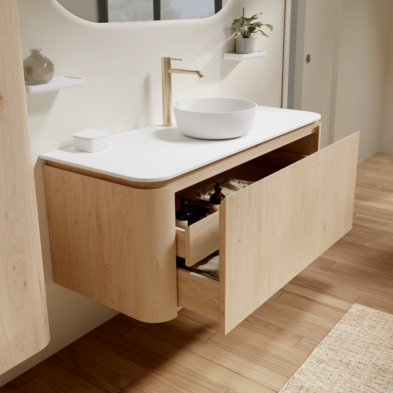 Balmani Moon zwevend badmeubel 130 x 55 cm naturel eiken met Moon enkel of dubbel wastafelblad in solid surface mat wit