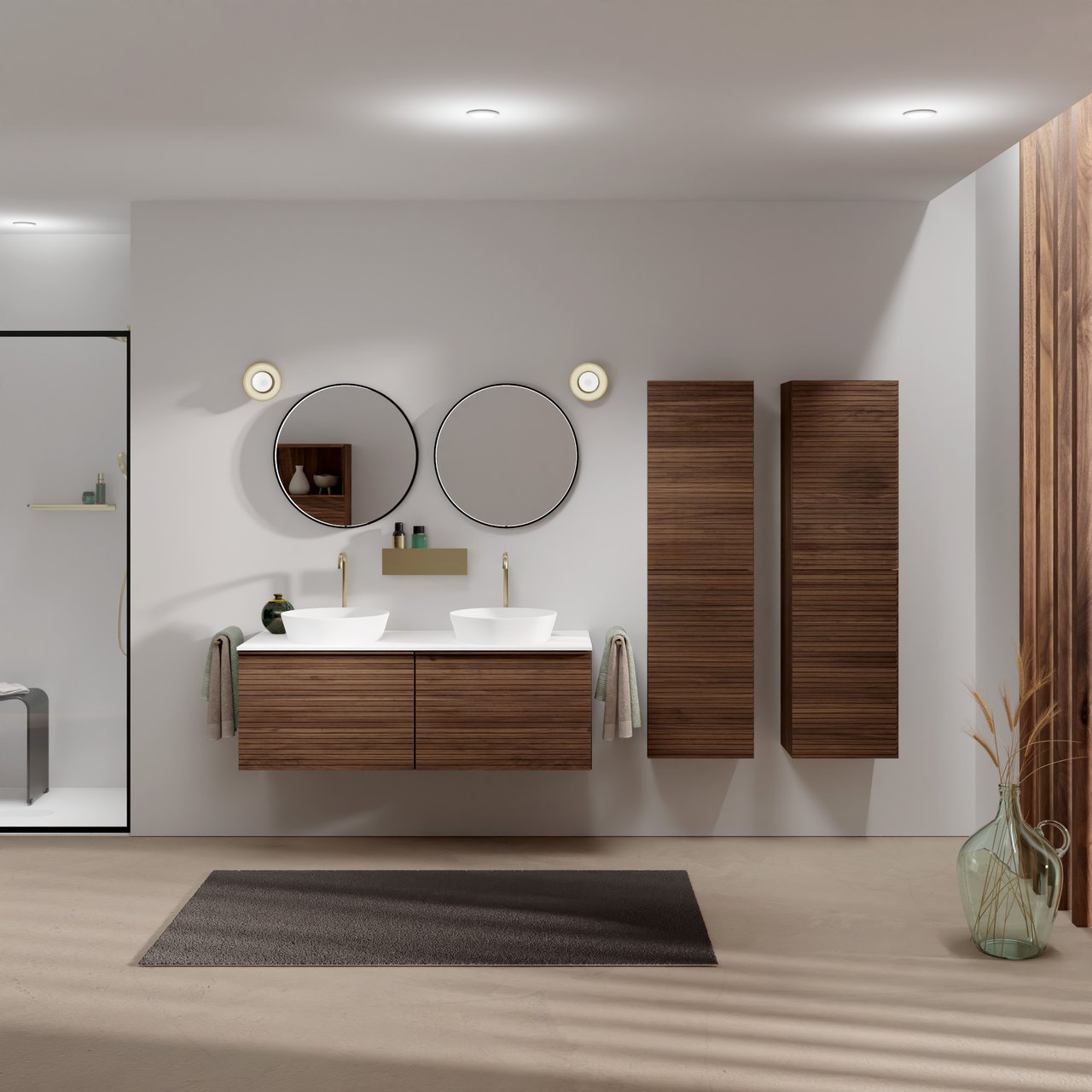 Balmani Forma hängendes Möbelstück Set: 135 x 55 cm, Amerikanischer Nussbaum, mit Stretto Einzel- oder Doppel Waschtischplatte, Solid Surface, Weiß matt, Horizontale symmetrische gerade Rippe