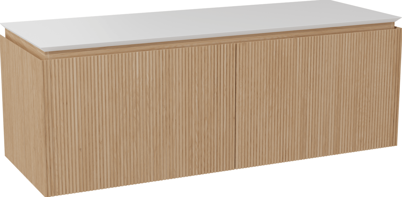 Balmani Eclips hängendes Möbelstück Set: 150 x 55 cm, Eiche Natur, mit Eclips Einzel- oder Doppel Waschtischplatte Solid Surface Weiβ matt, Vertikale symmetrische gerade Rippe