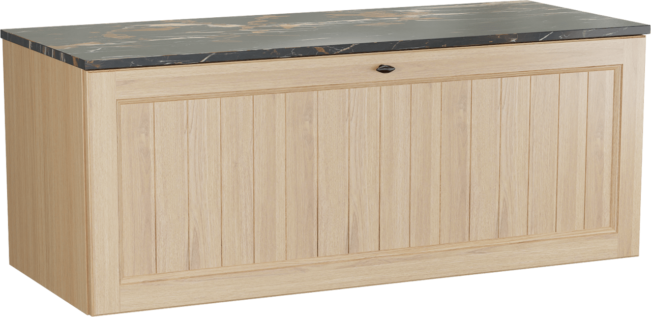 Balmani Lemon zwevend badkamermeubel 135 x 55 cm, fineer natuur eik met Stretto enkel of dubbel tablet in portoro gold