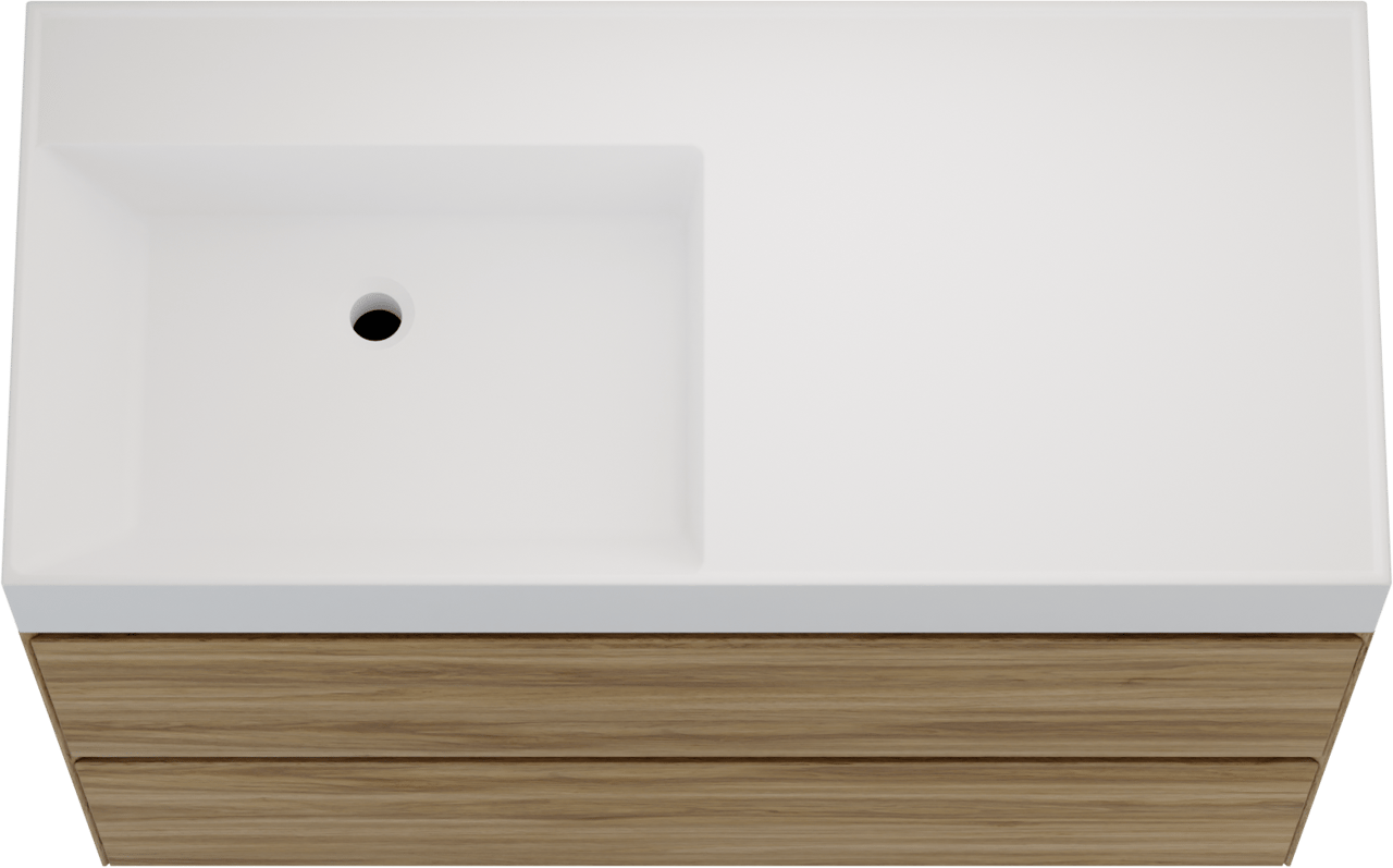 Balmani Mitra Compact zwevend badkamermeubel 100 x 46 cm wilde eik met Argila asymmetrisch linkse wastafel in composietmarmer mat wit